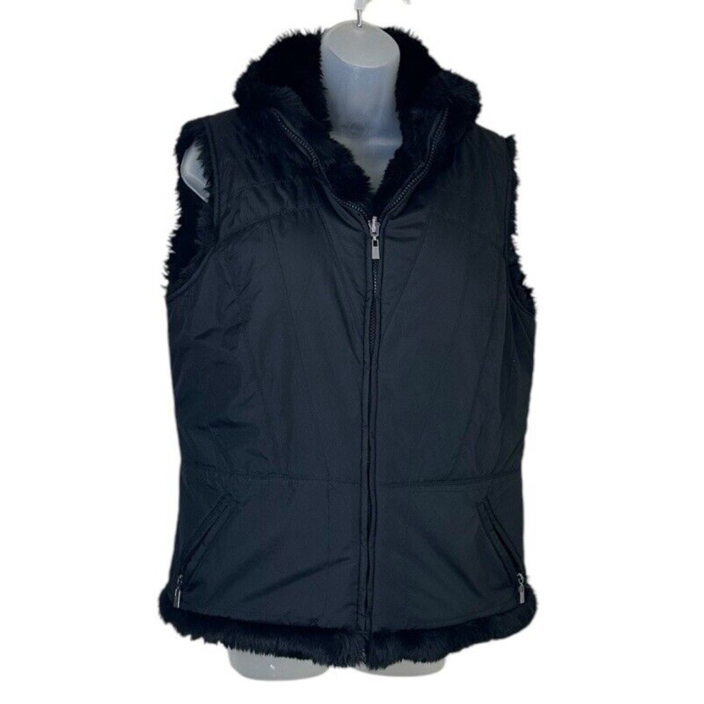 Women’s M Coldwater Creek Lined Faux Fur Black Fur Vest With Zip Pockets Outdoor